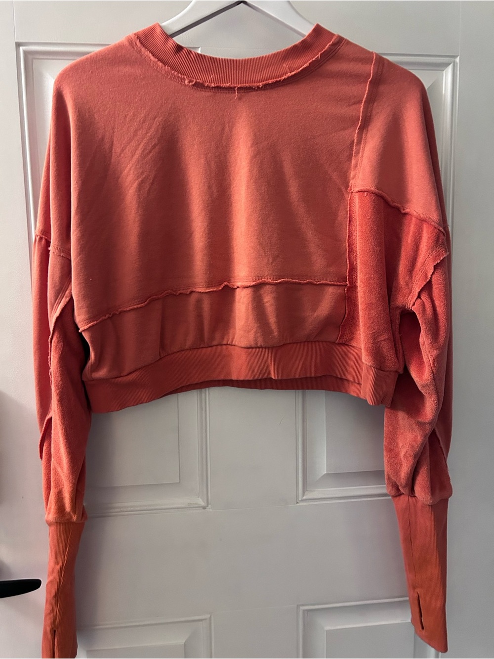 FP Movement by Free People Cropped Raw-Edge Sweatshirt in Coral
